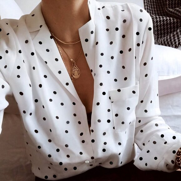 Tops - Black And White Elegan t Women's Polka Dot Shirt Blouse With Pocket details